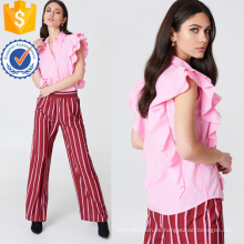 Heißer Verkauf Rosa Baumwolle Rüschen Ärmelloses Sommerhemd Bluse Herstellung Großhandel Mode Frauen Bekleidung (TA0035B)
